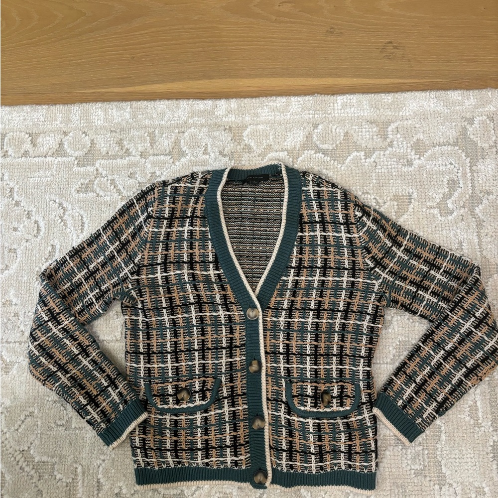Ann Taylor Black and Cream Plaid Cardigan
